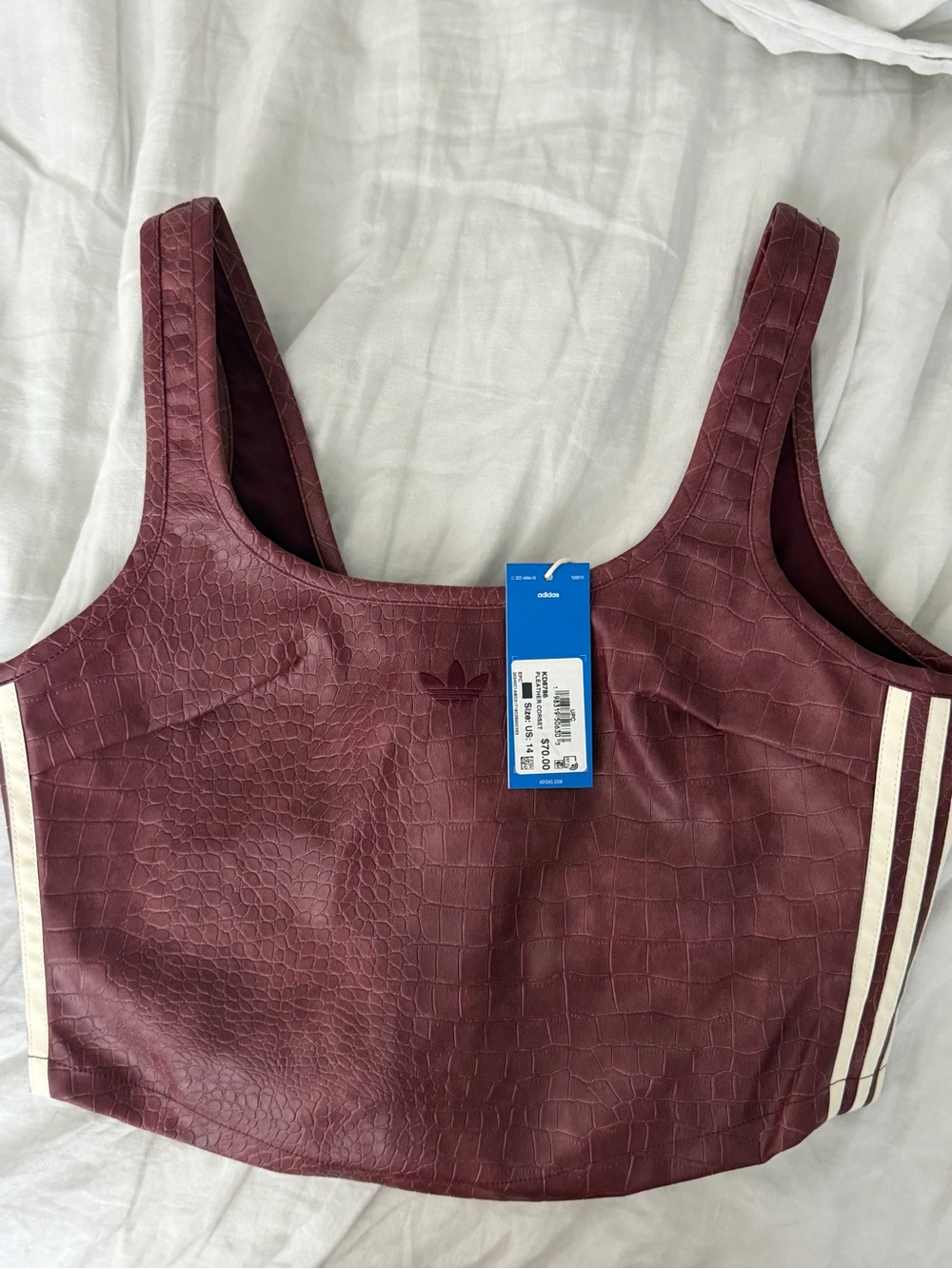 adidas Burgundy Croc-Texture Tank with Cream Stripes